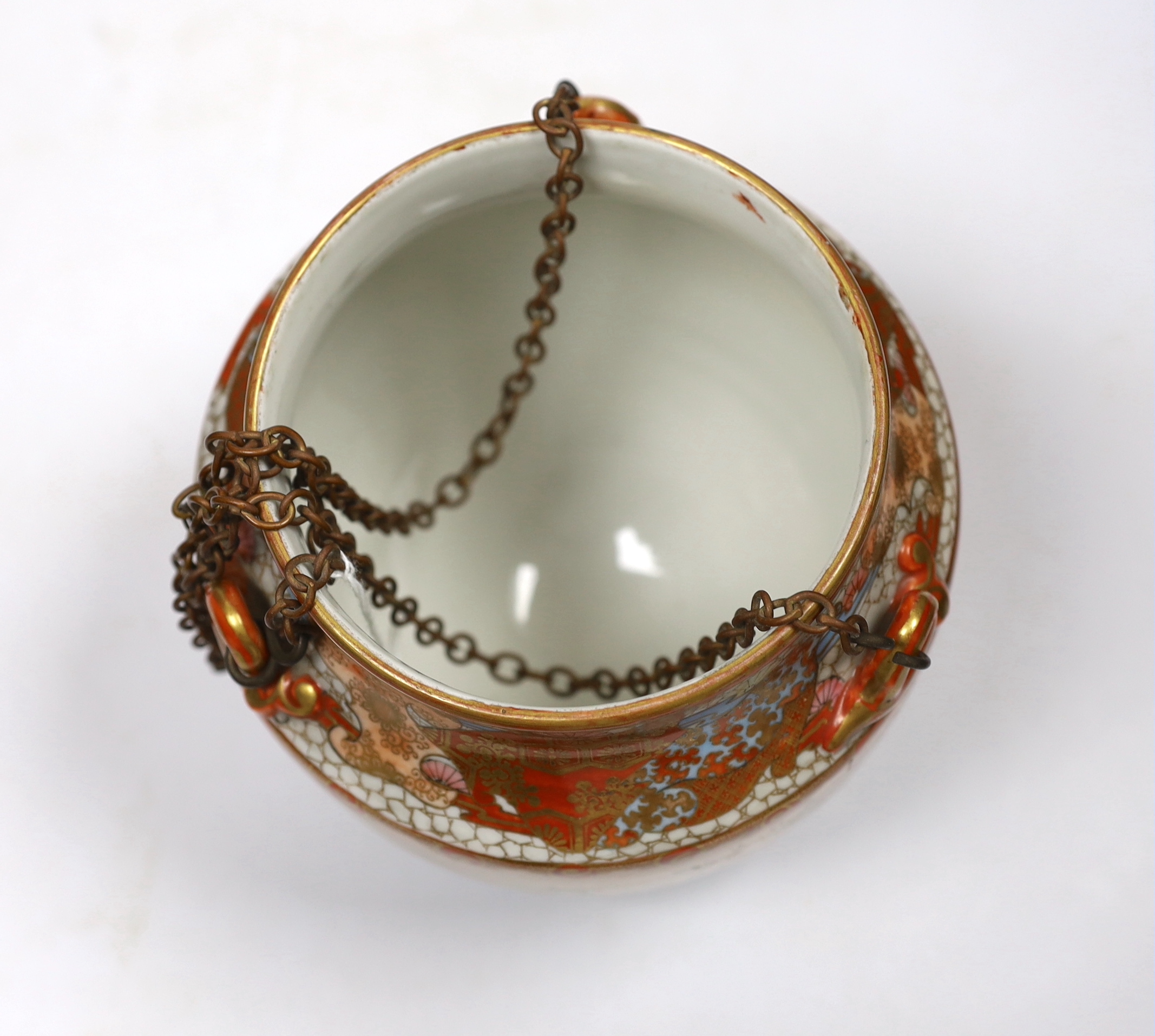 A Japanese Kutani hanging pot decorated with birds and flowers, Meiji period, 49cm high